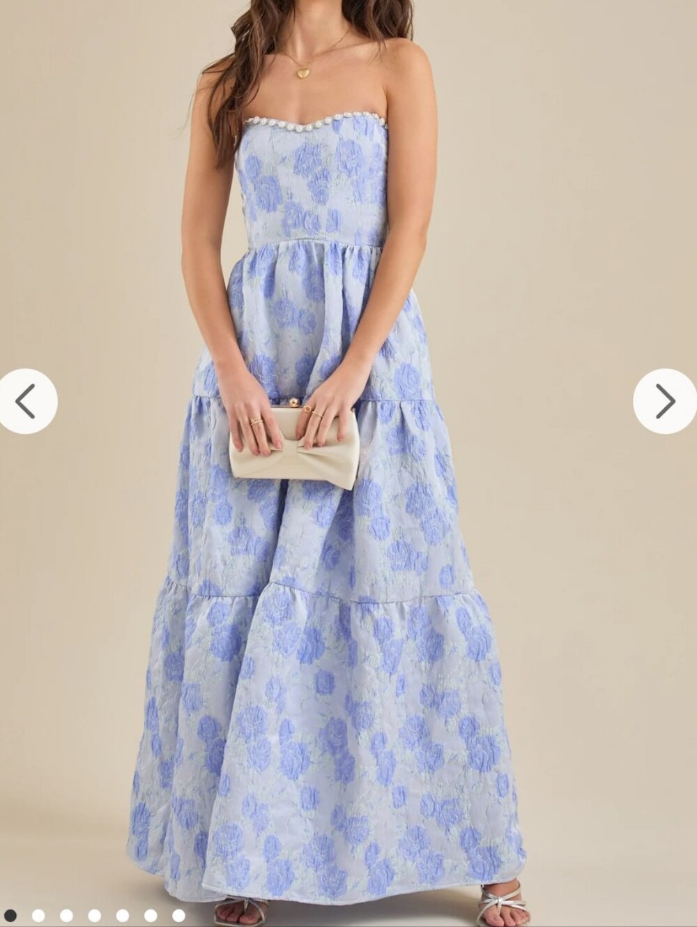 Altar'd State Dress NWT Size M Blue Floral Maxi Strapless Jacquard Pearl Trim